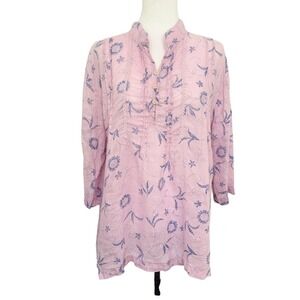 CP SHADES Floral Linen Pin tuck Lace Tunic Top Blouse Sz L Lagenlook Pink EUC
